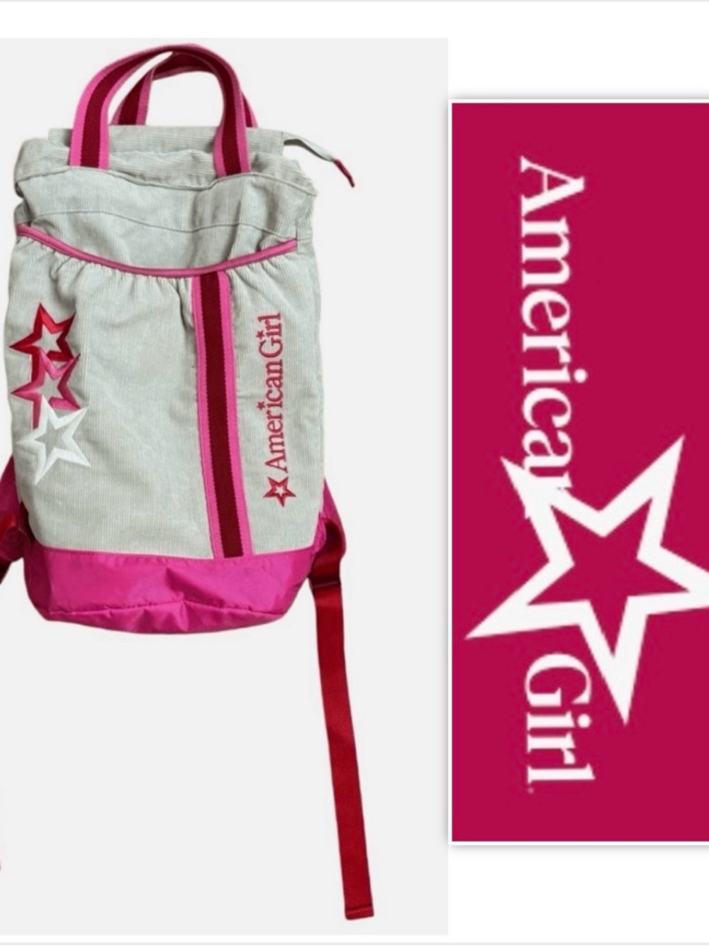 American Girl Corduroy Backpack / Doll Carrier Gray Pink Stars